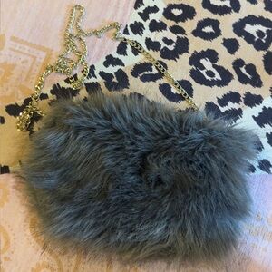 Do Everything in Love Gray Faux Fur Bag with Gold Chain
